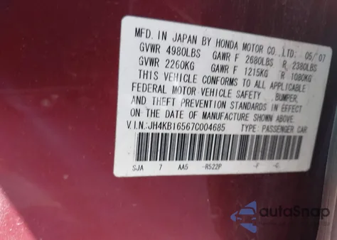 2007 Acura Rl 3.5 from USA, damaged, VIN JH4KB16567C004685